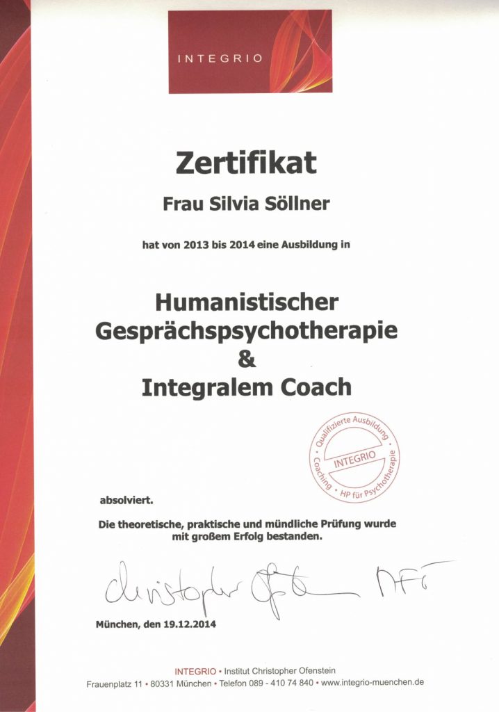 Zertifikat für Humanistische Gesprächspsychotherapie & Integralem Coach