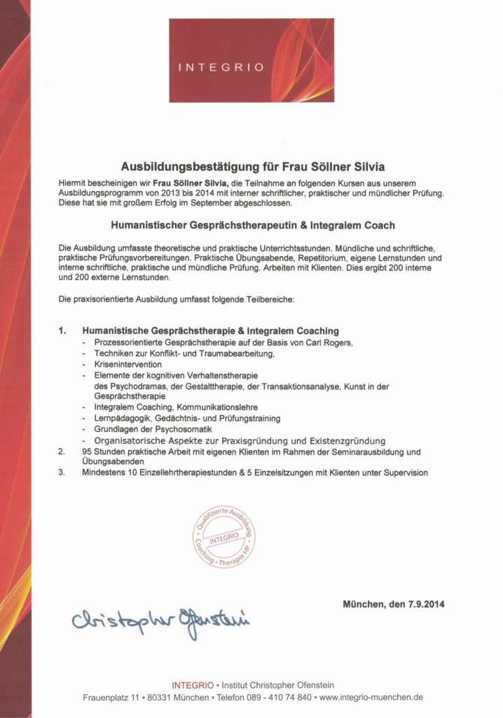 Ausbildungsbestätigung für Frau Silvia Söllner Psychotherapie nach Rogers