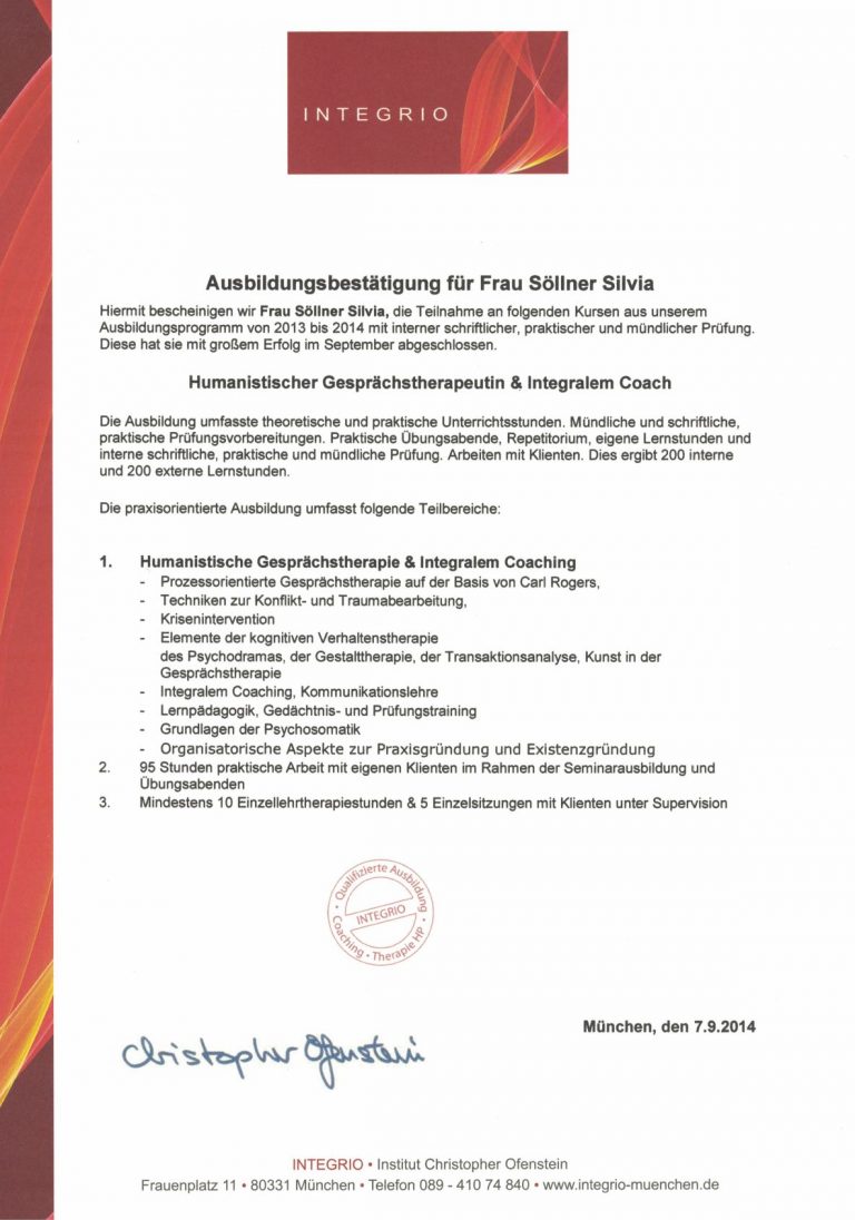 Ausbildungsbestätigung für Frau Silvia Söllner Psychotherapie nach Rogers